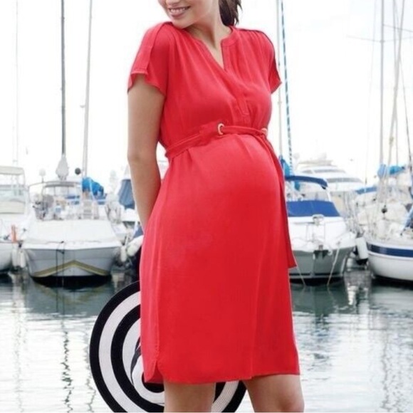 Seraphine Dresses & Skirts - Seraphine Coral Belted Maternity Dress Woven Viscose Size 6 Short Sleeve